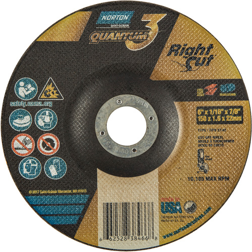 Meule &agrave; tronçonner Quantum3 RightCut, 6" x 1/16", Arbre de 7/8", Type 27/42, Oxyde d'aluminium, 10185 Tr/min Rock Safety Industrial Ltd