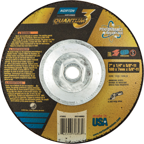 Meule soucoupes Quantum3 SG, 7" x 1/4", Arbre 5/8"-11, C&eacute;ramique d'alumine, Type 28 Rock Safety Industrial Ltd