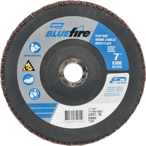BlueFire&reg; R884P/R884V/R860 Center Mount Fiberglass Conical Flap Disc, 7" x 7/8", Type 29, P36 Grit, Zirconia Alumina Rock Safety Industrial Ltd