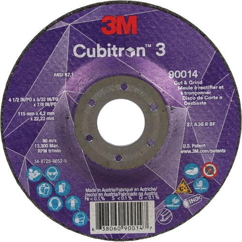 Meule &agrave; couper & tronçonner Cubitron 3, 4-1/2" x 5/32", Arbre de 7/8", Type T27, Grain de 36+, C&eacute;ramique Rock Safety Industrial Ltd