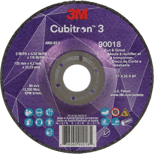 Meule &agrave; couper & tronçonner Cubitron 3, 5" x 5/32", Arbre de 7/8", Type T27, Grain de 36+, C&eacute;ramique Rock Safety Industrial Ltd