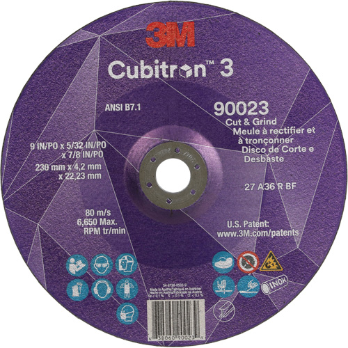 Cubitron 3 Cut & Grind Wheel, 9" x 5/32", 7/8" Arbor, Type T27, 36+ Grit, Ceramic Rock Safety Industrial Ltd