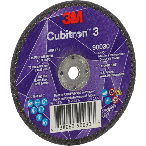 Meule &agrave; tronçonner Cubitron 3, 3" x 0,035", Arbre de 1/4", Type T1, C&eacute;ramique, 21000 Tr/min Rock Safety Industrial Ltd