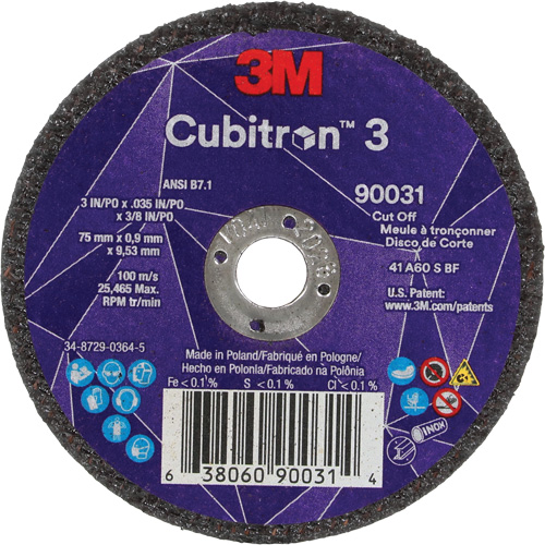 Meule &agrave; tronçonner Cubitron 3, 3" x 0,035", Arbre de 3/8", Type T1, C&eacute;ramique, 21000 Tr/min Rock Safety Industrial Ltd