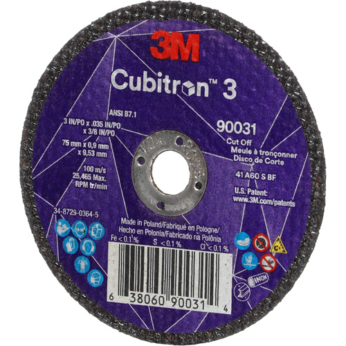 Meule &agrave; tronçonner Cubitron 3, 3" x 0,035", Arbre de 3/8", Type T1, C&eacute;ramique, 21000 Tr/min Rock Safety Industrial Ltd