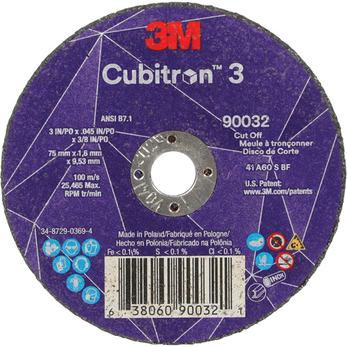 Meule &agrave; tronçonner Cubitron 3, 3" x 0,045", Arbre de 3/8", Type T1, C&eacute;ramique, 21000 Tr/min Rock Safety Industrial Ltd