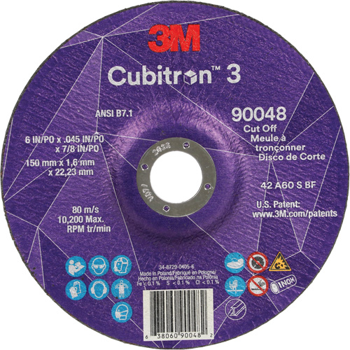Cubitron 3 Cut-Off Wheel, 6" x 0.045", 7/8" Arbor, Type T27, Ceramic, 10200 RPM Rock Safety Industrial Ltd