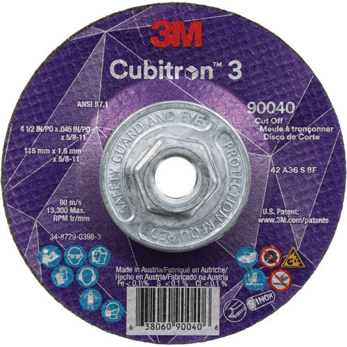 Cubitron 3 Cut-Off Wheel, 4-1/2" x 0.045", 5/8"-11 Arbor, Type T27, Ceramic, 13300 RPM Rock Safety Industrial Ltd