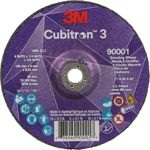 Cubitron 3 Depressed Centre Grinding Wheel, 4" x 1/4", 3/8" Arbor, Ceramic, Type T27 Rock Safety Industrial Ltd