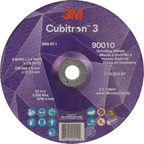 Cubitron 3 Depressed Centre Grinding Wheel, 9" x 1/4", 7/8" Arbor, Ceramic, Type T27 Rock Safety Industrial Ltd