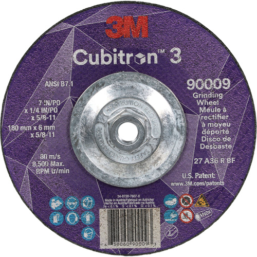 Cubitron 3 Depressed Centre Grinding Wheel, 7" x 1/4", 5/8"-11 Arbor, Ceramic, Type T27 Rock Safety Industrial Ltd