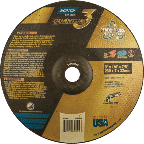 Quantum 3 SG Depressed Center Grinding Wheel, 9" x 1/4", 7/8" Arbor, Type 28, Ceramic, 6600 RPM Rock Safety Industrial Ltd