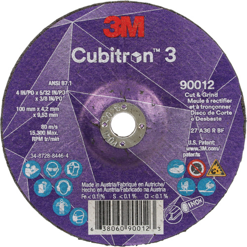 Meule &agrave; rectifier et &agrave; tronçonner Cubitron 3, 4" x 5/32", Arbre de 3/8", Type 27, Grain de 36, C&eacute;ramique Rock Safety Industrial Ltd
