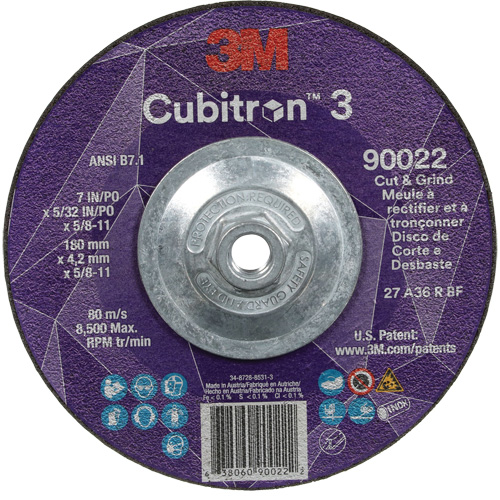 Meule &agrave; rectifier et &agrave; tronçonner Cubitron 3, 7" x 5/32", Arbre de 5/8"-11, Type 27, Grain de 36, C&eacute;ramique Rock Safety Industrial Ltd