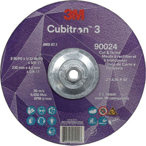 Meule &agrave; rectifier et &agrave; tronçonner Cubitron 3, 9" x 5/32", Arbre de 5/8"-11, Type 27, Grain de 36, C&eacute;ramique Rock Safety Industrial Ltd