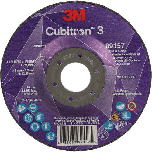 Meule &agrave; rectifier et &agrave; tronçonner Cubitron 3, 4-1/2" x 1/8", Arbre de 7/8", Type 27, Grain de 36, C&eacute;ramique Rock Safety Industrial Ltd