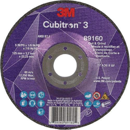 Cubitron 3 Cut and Grind Wheel, 5" x 1/8", 7/8" Arbor, Type 27, 36 Grit, Ceramic Rock Safety Industrial Ltd