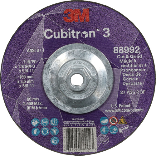 Meule &agrave; rectifier et &agrave; tronçonner Cubitron 3, 7" x 1/8", Arbre de 5/8"-11, Type 27, Grain de 36, C&eacute;ramique Rock Safety Industrial Ltd