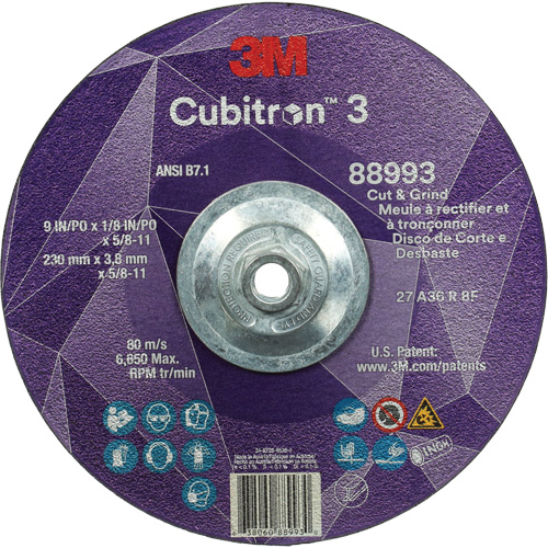 Meule &agrave; rectifier et &agrave; tronçonner Cubitron 3, 9" x 1/8", Arbre de 5/8"-11, Type 27, Grain de 36, C&eacute;ramique Rock Safety Industrial Ltd