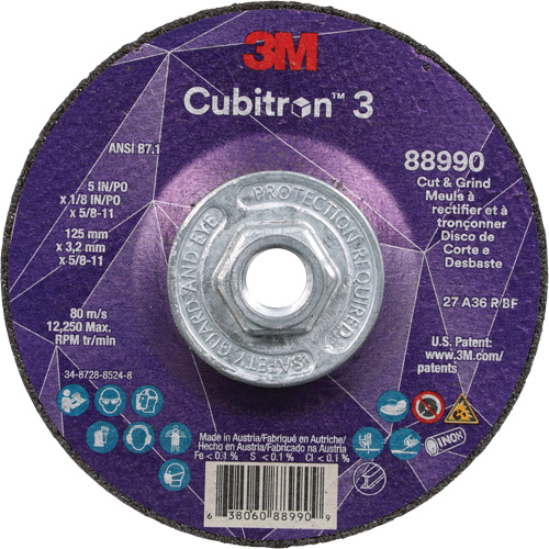 Meule &agrave; rectifier et &agrave; tronçonner Cubitron 3, 5" x 1/8", Arbre de 5/8"-11, Type 27, Grain de 36, C&eacute;ramique Rock Safety Industrial Ltd
