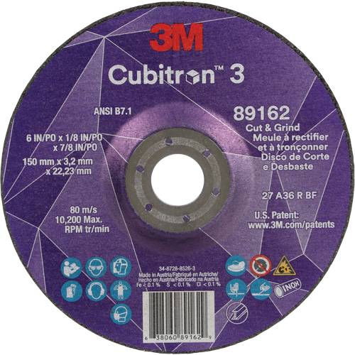 Cubitron 3 Cut and Grind Wheel, 6" x 1/8", 7/8" Arbor, Type 27, 36 Grit, Ceramic Rock Safety Industrial Ltd