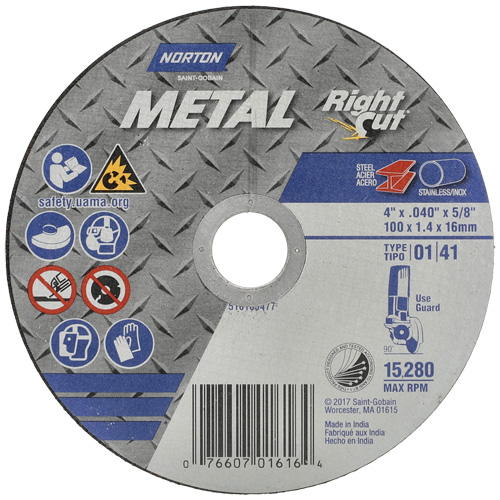 Metal RightCut Right Angle Cut-Off Wheel, 4-1/2" x 0.04", 7/8" Arbor, Type 01/41, Aluminum Oxide, 13580 RPM Rock Safety Industrial Ltd