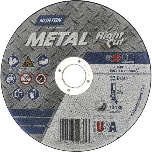 Metal RightCut Right Angle Cut-Off Wheel, 6" x 0.04", 7/8" Arbor, Type 01/41, Aluminum Oxide, 10185 RPM Rock Safety Industrial Ltd