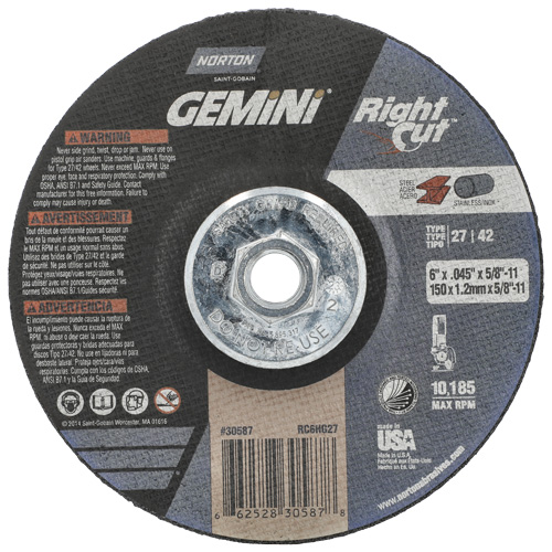 Meule &agrave; tronçonner pour coupe &agrave; angle droit RightCut Gemini, 6" x 0,045", Arbre de 5/8"-11, Type 27/42, Oxyde d'aluminium, 10185 Tr/min Rock Safety Industrial Ltd