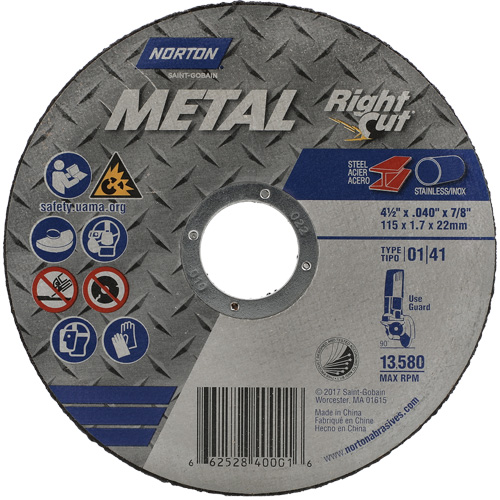 Meule &agrave; tronçonner m&eacute;tallique pour coupe &agrave; angle droit RightCut, 4-1/2" x 0,045", Arbre de 7/8", Type 01/41, Oxyde d'aluminium, 13580 Tr/min Rock Safety Industrial Ltd