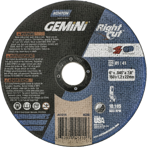 Meule &agrave; tronçonner pour coupe &agrave; angle droit RightCut Gemini, 6" x 0,045", Arbre de 7/8", Type 01/41, Oxyde d'aluminium, 10185 Tr/min Rock Safety Industrial Ltd
