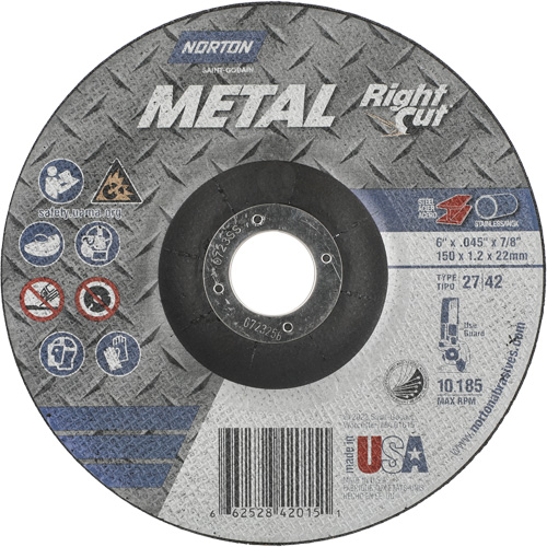 Meule &agrave; tronçonner m&eacute;tallique pour coupe &agrave; angle droit RightCut, 6" x 0,045", Arbre de 7/8", Type 27/42, Oxyde d'aluminium, 10190 Tr/min Rock Safety Industrial Ltd