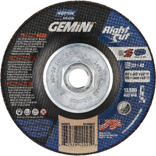 Gemini RightCut Right Angle Cut-Off Wheel, 4-1/2" x 0.045", 5/8"-11 Arbor, Type 27/42, Aluminum Oxide, 13580 RPM Rock Safety Industrial Ltd