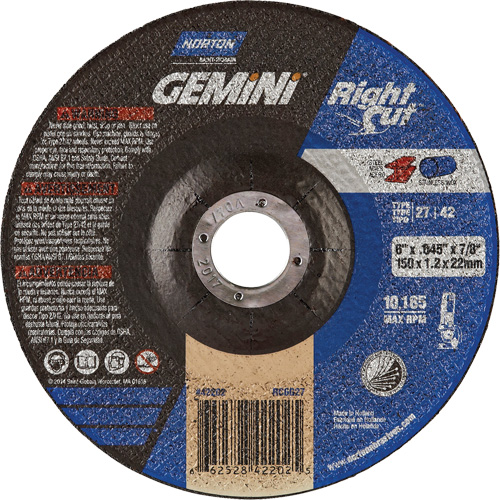 Meule &agrave; tronçonner pour coupe &agrave; angle droit RightCut Gemini, 6" x 0,045", Arbre de 7/8", Type 27/42, Oxyde d'aluminium, 10185 Tr/min Rock Safety Industrial Ltd