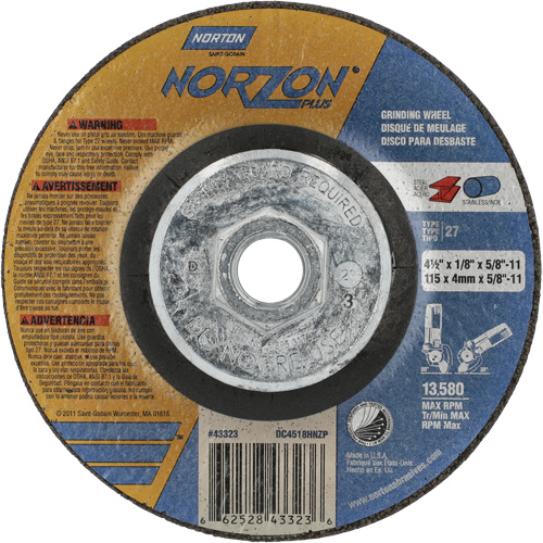 Disque de meulage et tronçonnage NorZon Plus SGZ CA, 4-1/2" x 1/8", Arbre de 5/8"-11, Type 27, C&eacute;ramique d'alumine Rock Safety Industrial Ltd