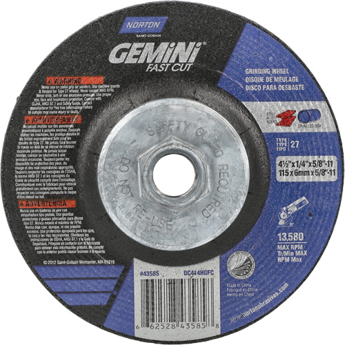 Meule Gemini, 4-1/2" x 1/4", Arbre 5/8"-11, Oxyde d'aluminium, Type 27 Rock Safety Industrial Ltd