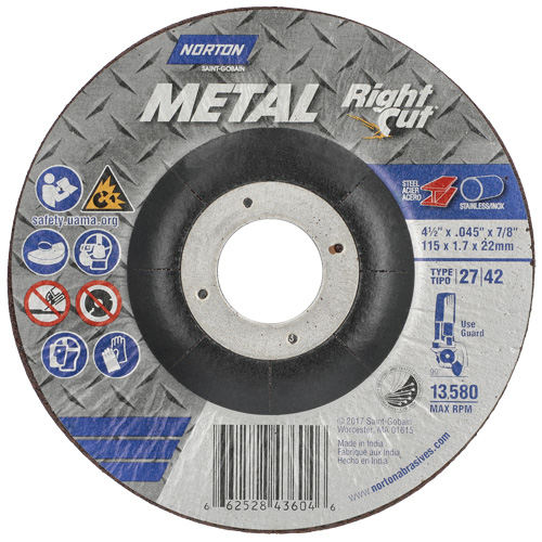 Meule &agrave; tronçonner m&eacute;tallique pour coupe &agrave; angle droit RightCut, 4-1/2" x 0,045", Arbre de 7/8", Type 27, Oxyde d'aluminium, 13580 Tr/min Rock Safety Industrial Ltd