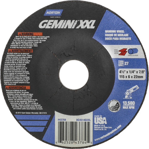 Gemini XXL Grinding Wheel, 4-1/2" x 1/4", 7/8" Arbor, Aluminum Oxide, Type 27 Rock Safety Industrial Ltd