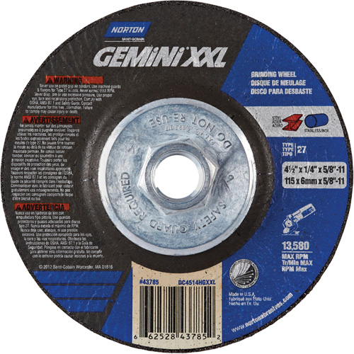 Gemini XXL Grinding Wheel, 4-1/2" x 1/4", 5/8"-11 Arbor, Aluminum Oxide, Type 27 Rock Safety Industrial Ltd