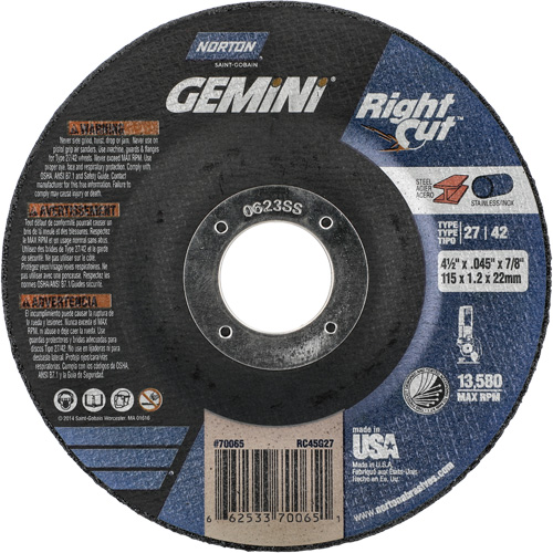 Gemini RightCut Right Angle Cut-Off Wheel, 4-1/2" x 0.045", 7/8" Arbor, Type 27/42, Aluminum Oxide, 13580 RPM Rock Safety Industrial Ltd