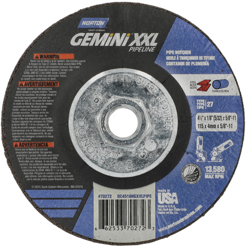 Disque combin&eacute; de meulage et tronçonnage Gemini XXL, 4-1/2" x 1/8", Arbre de 5/8"-11, Type 27, Oxyde d'aluminium Rock Safety Industrial Ltd
