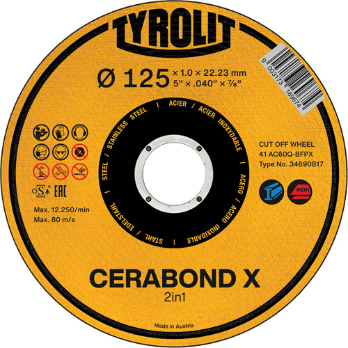 Cerabond X Cut-Off Wheel, 5" x 0.04", 7/8" Arbor, Ceramic Rock Safety Industrial Ltd