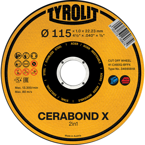 CA60Q-BFPX CERABOND X Cut-Off Wheel, 4-1/2" x 0.039", 7/8" Arbor, Type 1 Rock Safety Industrial Ltd