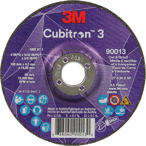 Meule &agrave; tronçonner Cubitron 3, 4" x 39/250", Arbre de 5/8", Type 27, Grain de 36, C&eacute;ramique Rock Safety Industrial Ltd