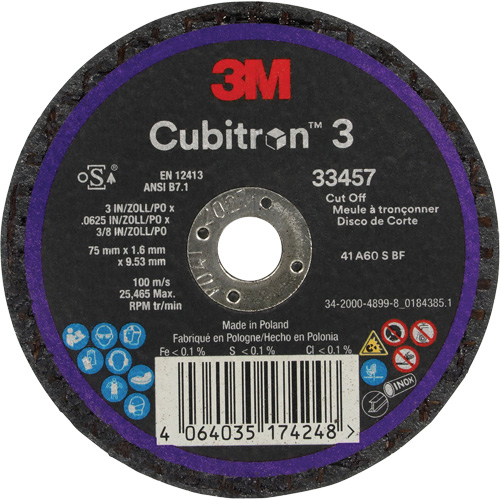 Meule &agrave; tronçonner Cubitron 3, 3" x 0,063", Arbre de 3/8", C&eacute;ramique Rock Safety Industrial Ltd