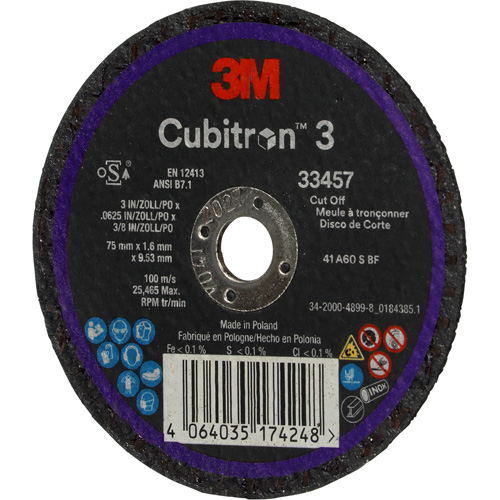 Meule &agrave; tronçonner Cubitron 3, 3" x 0,063", Arbre de 3/8", C&eacute;ramique Rock Safety Industrial Ltd