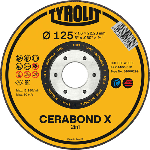 CERABOND X Cut-Off Wheel for Steel & Stainless Steel, 5" x 0.45", 7/8" Arbor, Type 1, Ceramic, 12250 RPM Rock Safety Industrial Ltd