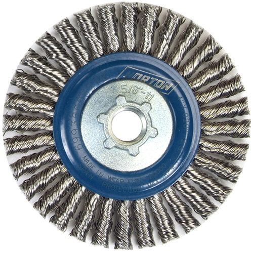 Brosse &agrave; fils nou&eacute;s pour cordons de soudure pour meuleuse angulaire, Dia. 4", Fils 0,02", Arbre 5/8"-11, Acier inoxydable Rock Safety Industrial Ltd