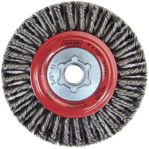 Brosse &agrave; fils nou&eacute;s pour cordons de soudure pour meuleuse angulaire, Dia. 4", Fils 0,02", Arbre 5/8"-11, Acier Rock Safety Industrial Ltd