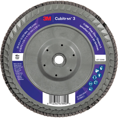 Cubitron 3 Flat Flap Disc with Quick Change 1169F, 6" x 5/8"-11, Type T27, 40+ Grit, Ceramic Rock Safety Industrial Ltd