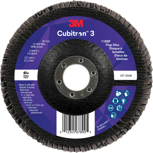 Disque &agrave; lamelles plate 1169F Cubitron 3, 5" x 7/8", Type T27, Grain 40+, C&eacute;ramique Rock Safety Industrial Ltd